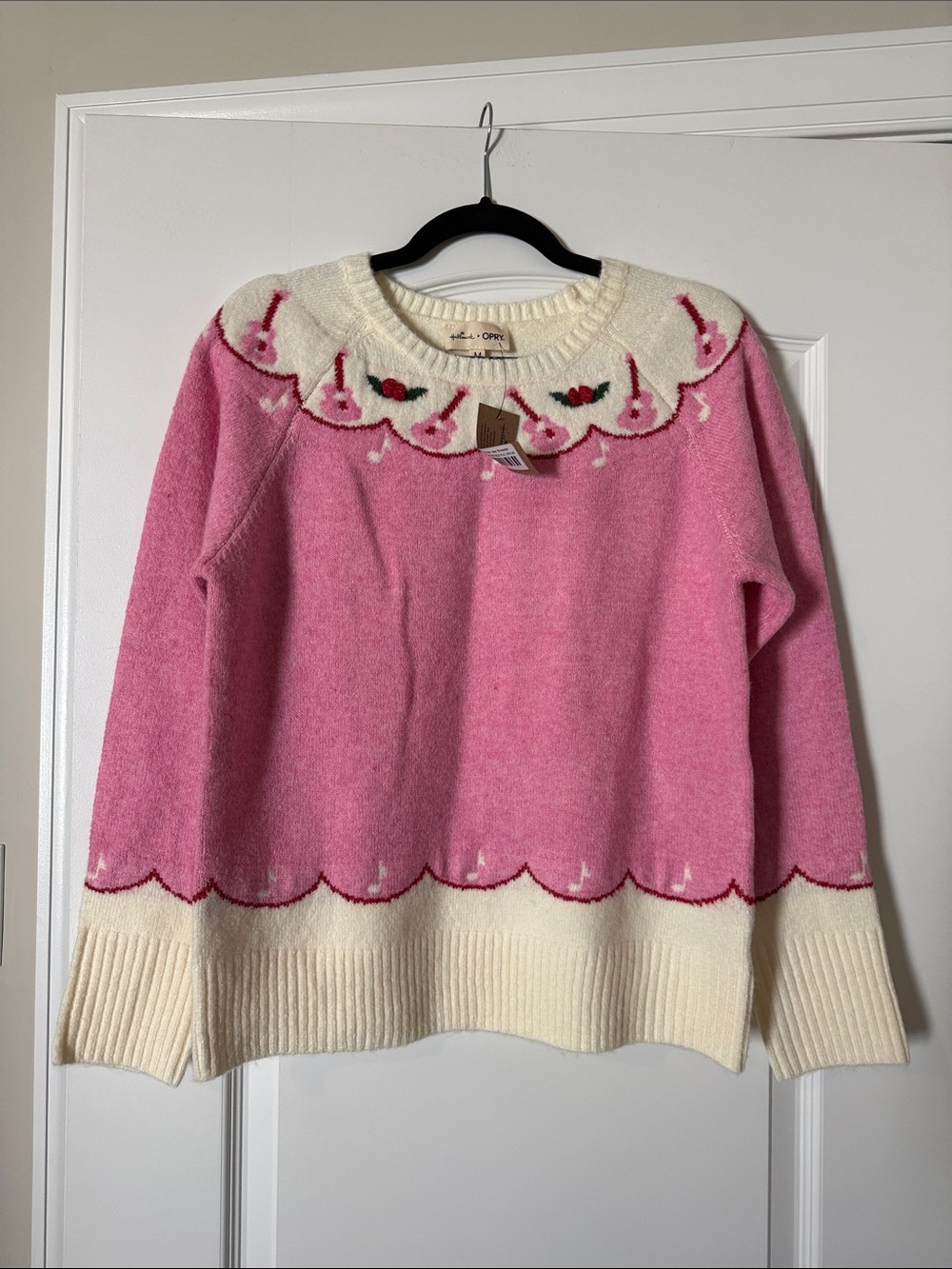 Hallmark Pink and Cream Scallop Yoke Floral Knit Pullover